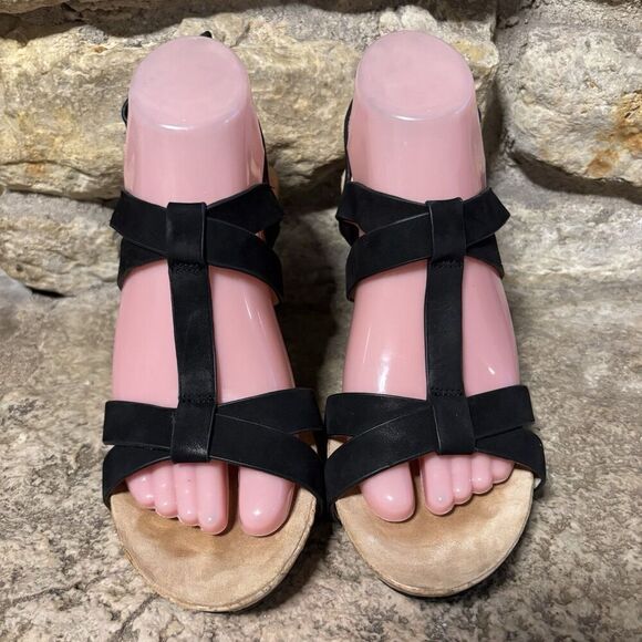 TARYN Rose Black Suede Nubuck T-Trap High Wedge Heels Strappy Bow Sandals W’s 7 - Picture 3 of 8